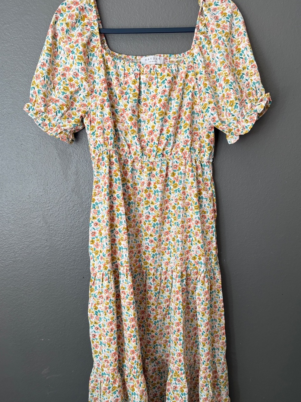 Hayden Floral Puff-Sleeve Midi Dress - Peach, Green, Blue